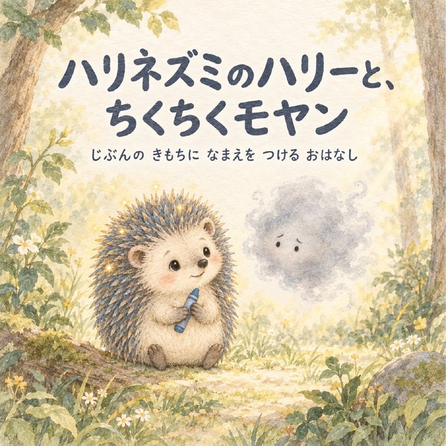 絵本『ハリネズミのハリーと、ちくちくモヤン』の表紙。ハリネズミのハリーと、灰色の雲のようなモヤン